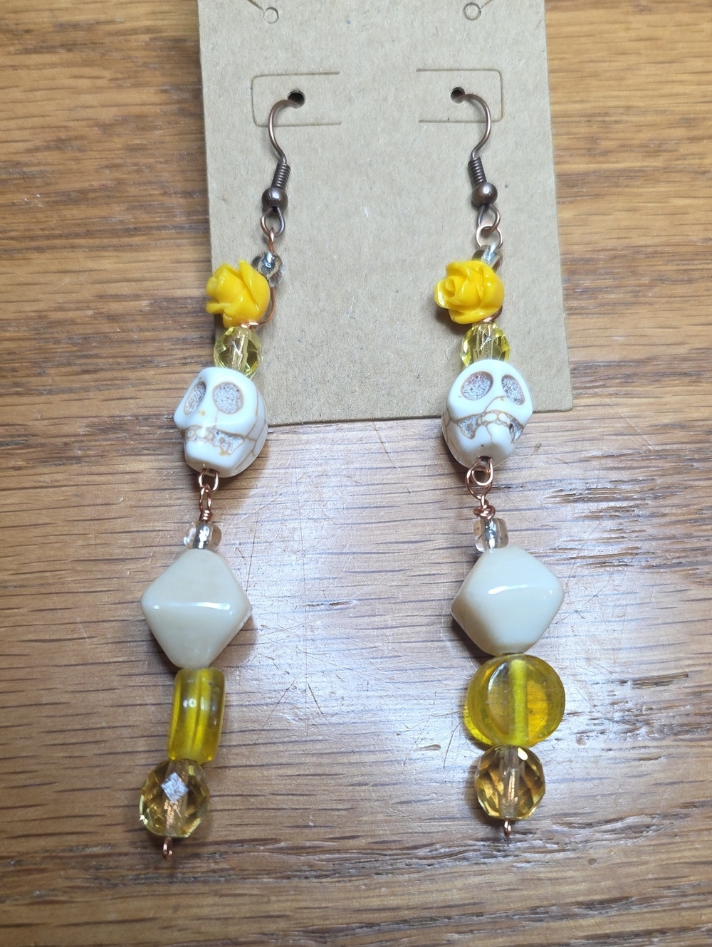 Handmade Yellow & Cream Skull Drop Earrings